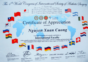 Chứng chỉ cám ơn BS Cương do hội giải phẫu thẩm mỹ Quốc tế trao tặng tại Tokyo, Nhật Bản - 11/2005